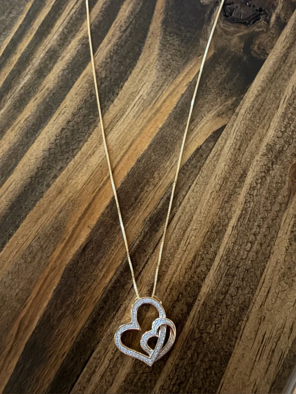 Gold plated, Natural Diamond Double Heart Pendant Necklace